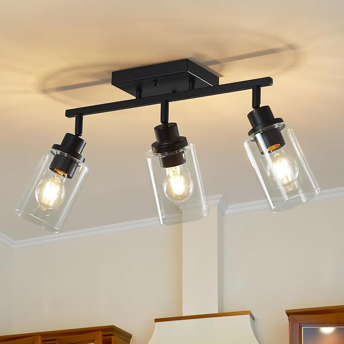 LOUSACE 3 Light Kitchen Track Light Fixtures Ceiling Vanity Lights Black, Bathroom Track Lighting Kit w/Rotatable Heads & Clear Glass Shade, Modern Wall Ceiling Tracking Light for Accent Shop Hallway