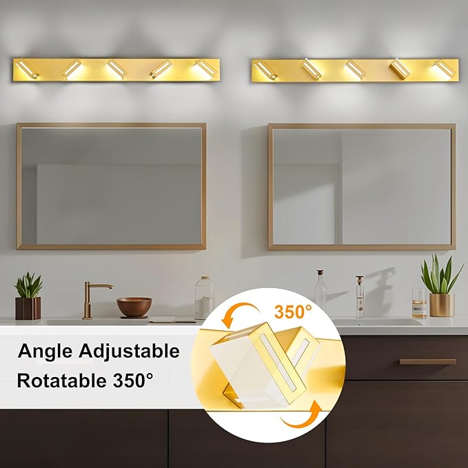 LED Modern Bathroom Light Fixtures, 5-Light 40-Inch Gold Vanity Lights for Bathroom Lighting Fixtures Over Mirror, 350° Rotatable Acrylic, 6000K Cool White Wall Lamp