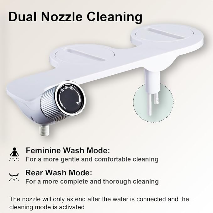 Bidet Attachment for Toilet, Non-Electric, Dual Nozzle, Self-Cleaning | Rear & Feminine Wash, Easy Install, Fits Most Standard Toilets, Not for RV Use, Includes Hose, T-Adapter & Teflon Tape