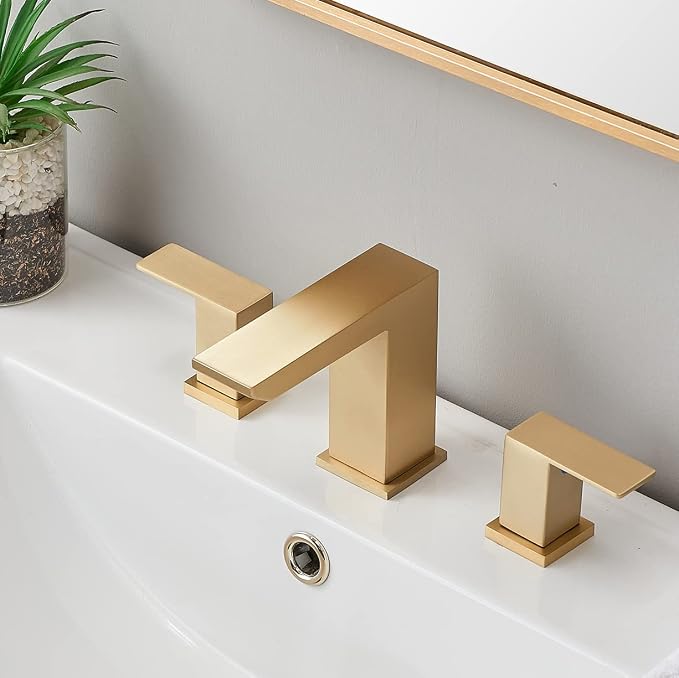 Brushed Gold Bathroom Sink Faucet, 3 Hole Waterfall Bathroom Faucet, 2 Handle Vanity Bath Faucets, Modern Bathroom Faucet with Supply Hoses and Drain, HT-BF301