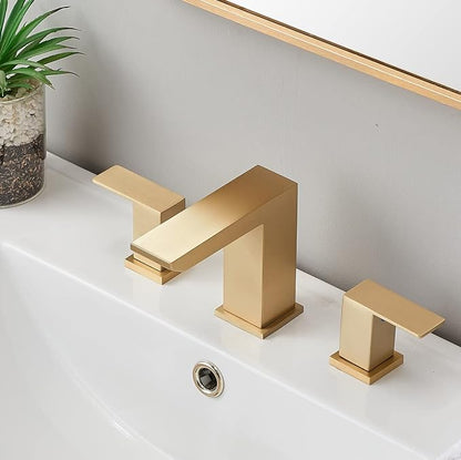 Brushed Gold Bathroom Sink Faucet, 3 Hole Waterfall Bathroom Faucet, 2 Handle Vanity Bath Faucets, Modern Bathroom Faucet with Supply Hoses and Drain, HT-BF301