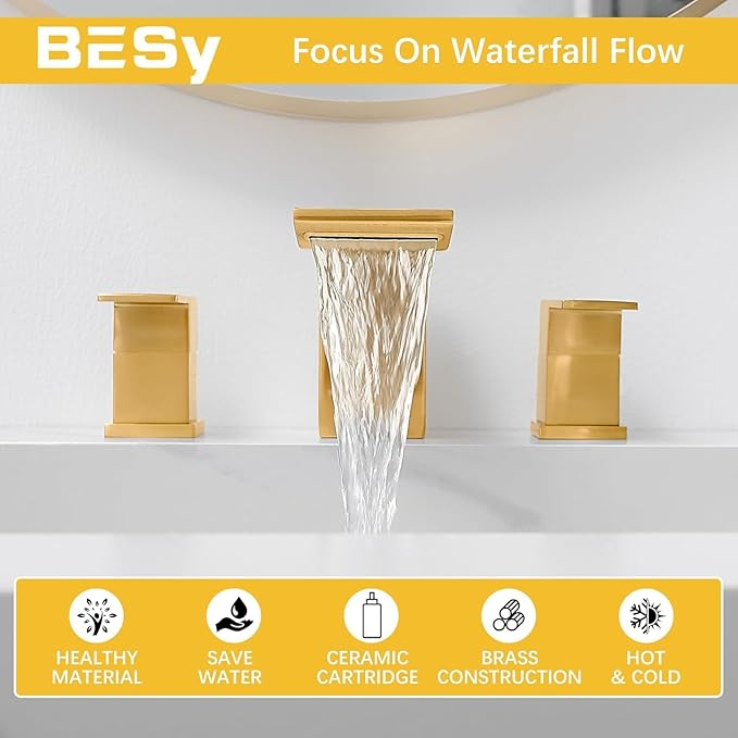 BESy Waterfall Bathroom Faucets 3 Hole Square 8 Inch Widespread Bathroom Sink Faucet Vanity 2 Handle Widespread for Restroom Sink with Pop Up Drain cUPC Supply Hose Brushed Gold