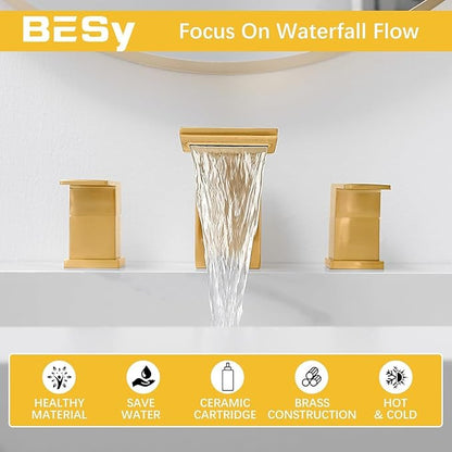BESy Waterfall Bathroom Faucets 3 Hole Square 8 Inch Widespread Bathroom Sink Faucet Vanity 2 Handle Widespread for Restroom Sink with Pop Up Drain cUPC Supply Hose Brushed Gold