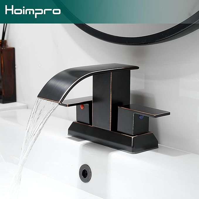 Hoimpro 3 Holes 4 Inch Bathroom Faucet, Waterfall Oil Rubbed Bronze Bathroom Faucet Two Handles Centerset Bathroom Sink Faucet Vanity Sink Faucet with cUPC Supply Hoses and Pop Up Drain