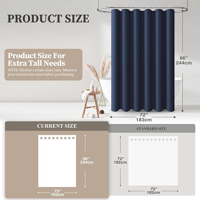 Extra Long Linen Textured Waterproof Shower Curtain, 72x96, Navy Blue | Extra Tall Size, 230GSM Polyester, Heavy Duty Cloth, Weighted Hem, 12 Plastic Hooks, Modern Hotel Style, Machine Washable