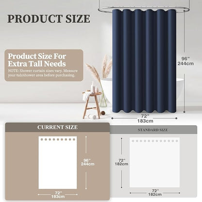 Extra Long Linen Textured Waterproof Shower Curtain, 72x96, Navy Blue | Extra Tall Size, 230GSM Polyester, Heavy Duty Cloth, Weighted Hem, 12 Plastic Hooks, Modern Hotel Style, Machine Washable