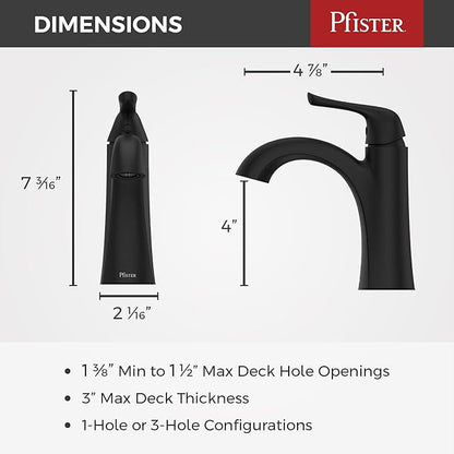 Pfister Willa Bathroom Sink Faucet, Single Control, 1-Handle, Single Hole, NSF Certified, Spot Defense Matte Black Finish, LF042MALSDB