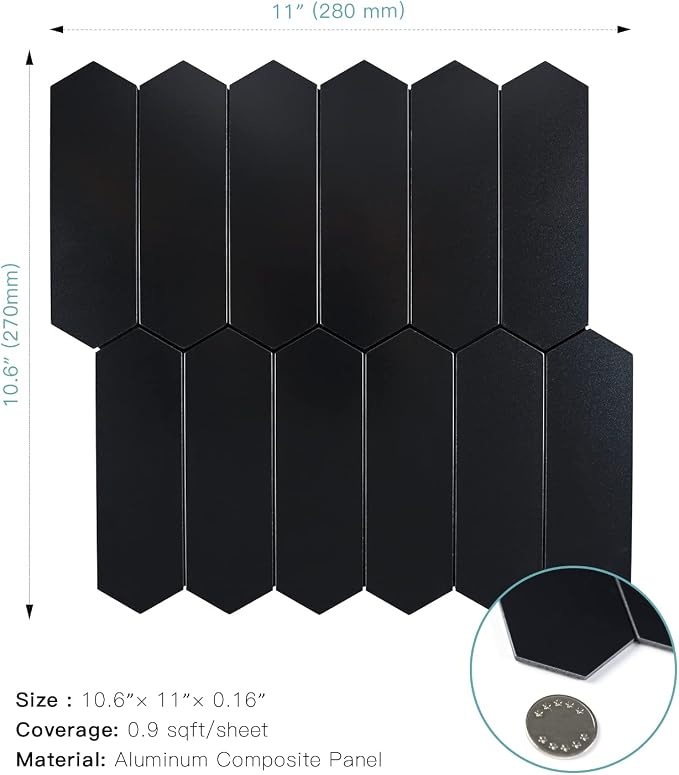 Black Peel and Stick Picket Backsplash Tile, Ceramic Look Long Hexagon Self Adhesive Stick on Wall Tiles for Kitchen Bathroom, Pack of 6