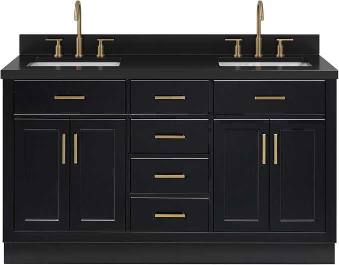 ARIEL Hepburn 60-inch Bathroom Vanity with Sink,Solid Wood, 1.5-inch Carbon Black Quartz Countertop, Double Rectangular Porcelain Sink, Soft Closing Doors, Dovetail Drawers, Black