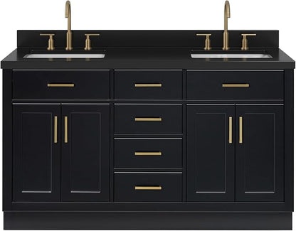 ARIEL Hepburn 60-inch Bathroom Vanity with Sink,Solid Wood, 1.5-inch Carbon Black Quartz Countertop, Double Rectangular Porcelain Sink, Soft Closing Doors, Dovetail Drawers, Black