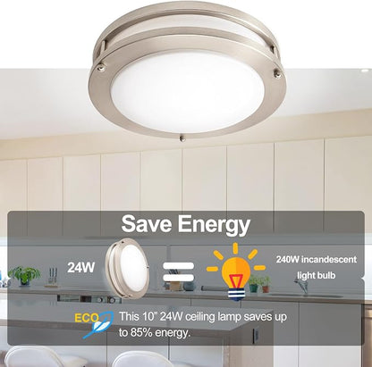10inch LED Flush Mount Ceiling Light Fixture Dimmable Brushed Nickel, Easy Install LED Ceiling Lamp Fixture Without Flicker, Super Bright 24W 2400LM 5000K 4-Pack