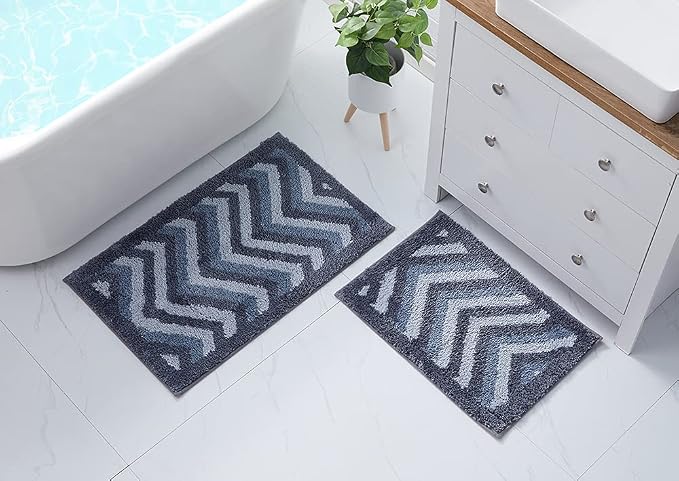 Hearth & Harbor Bathroom Rugs, Shaggy Plush Bath Mat, Ultra Soft Non Slip Backing Rubber, Chevron Design Bath Rug, Blue/Grey, 2 Piece Set