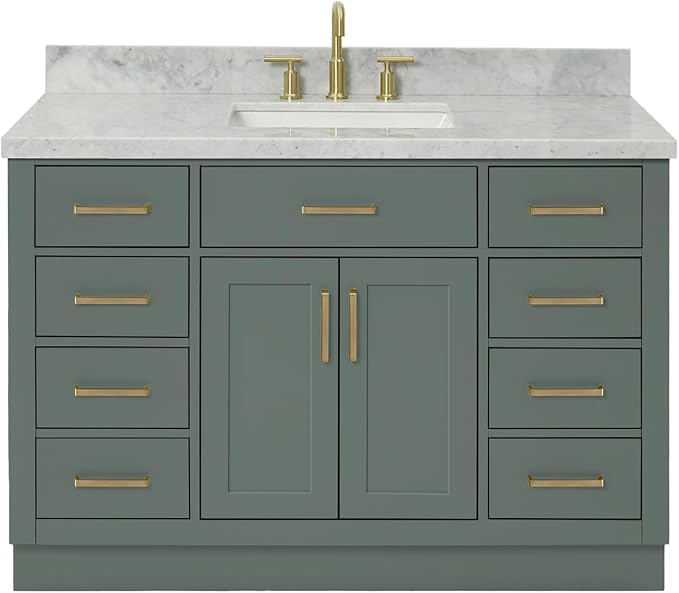 Isabella 48-inch Vintage Green Bathroom Vanity with Center Rectangle Single Sink, Italian Carrara Marble Countertop & Backsplash, Solid Wood Frame, Soft-Closing & Dovetail Drawers