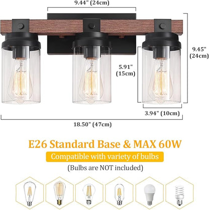 3 Light Farmhouse Vanity Light, Rustic Black Bathroom Light Over Mirror with Clear Glass Shade, Wood Grain Vintage Farmhouse Wall Sconces for Bathroom, Living Room, Hallway