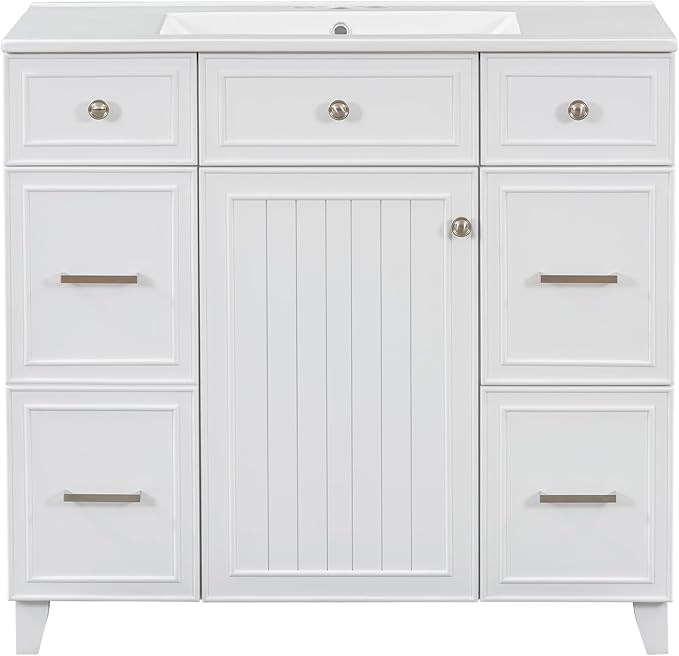 Favfurish 36" Bathroom Vanity with Ceramic Sink,Undermount Single Basin Bath Vanity Set w/Soft Closing Door and 3 Drawers,Modern Freestanding Storage Cabinet,Solid Wood Frame,White