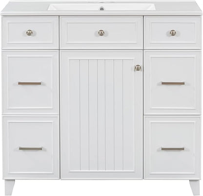 Favfurish 36" Bathroom Vanity with Ceramic Sink,Undermount Single Basin Bath Vanity Set w/Soft Closing Door and 3 Drawers,Modern Freestanding Storage Cabinet,Solid Wood Frame,White