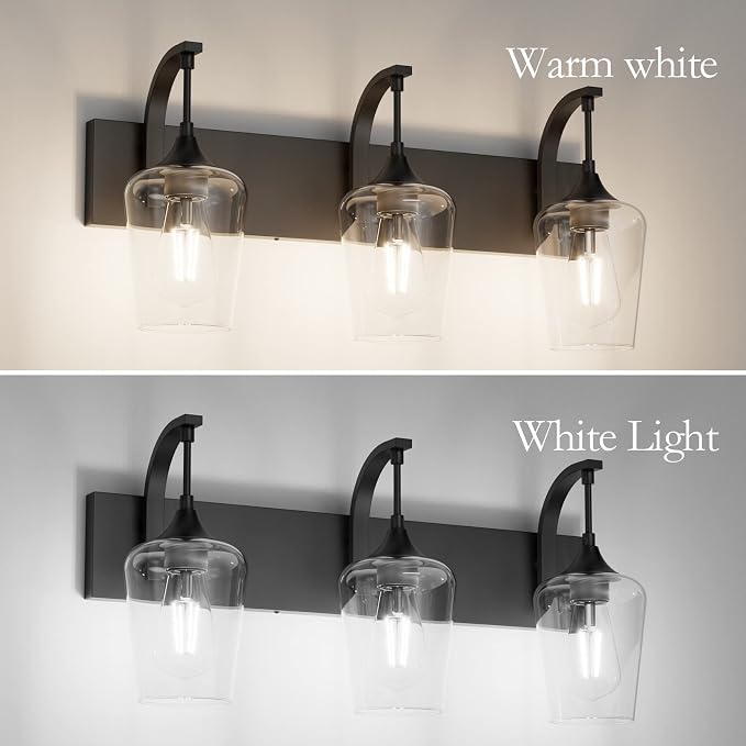 Ralbay Matte Black Vanity Light Fixtures 3-Lights Industrial Black Bathroom Vanity Light with Clear Glass Vintage Edison Bathroom Wall Lighting Fixtures