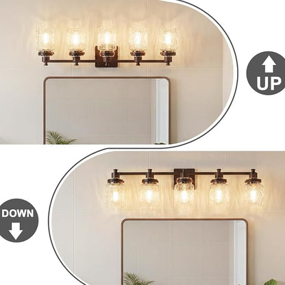 5 Light Bathroom Vanity Light Fixtures Farmhouse Oil Rubbed Bronze | ETL Certificate, Easy to Install,Wall Mount Up or Down,Hammered Glass Lampshade,E26 Socket,Hardwired,120V