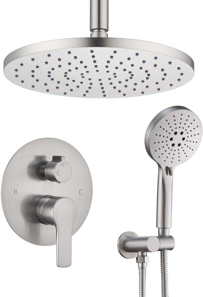 Iriber Shower System Ceiling Mounted Shower Faucet Mixer Set with Luxury High Pressure Shower head and 3-Setting Handheld, Bathroom Shower Trim Kit Contain Pressure Balance Valve,Brushed Nickel