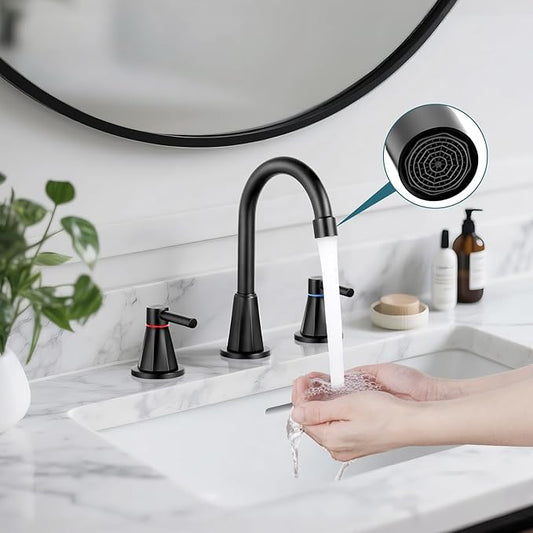 Bathroom Faucet 3 Hole,Mater Black Bathroom Sink Faucet with 360°Swivel Spout, 8 inch Widespread 2 Handle Faucet for Bathroom Sink Vanity RV with Pop-up Drain Supply Line Stainless Steel