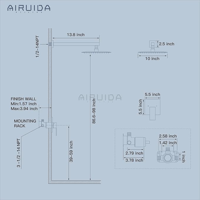 Airuida Shower Faucet Set,10 Inch Shower Valve Kit,Brushed Nickel | Male Threads,Rough-in Valve Shower Trim Kit,Single Handle Control Shower Set