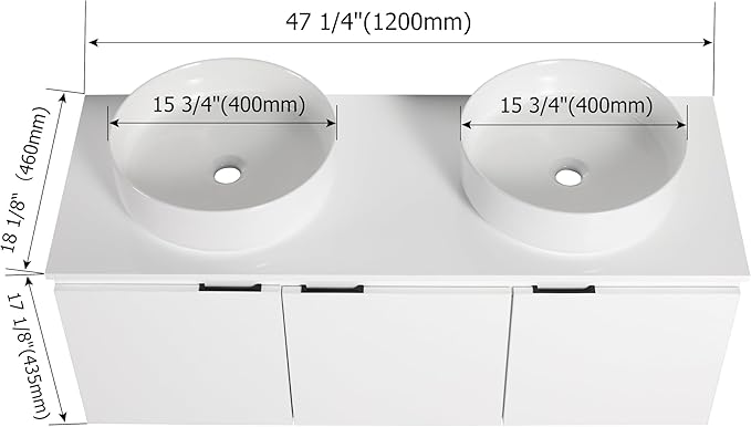 48 Inch Bathroom Vanity with Sink, 48" Floating Bathroom Vanity with Double Vessel Sinks, Modern Wall Mounted Cabinet Set, White Storage Cabinet with 3 Soft Close Doors and 2 White Ceramic Basin Sinks