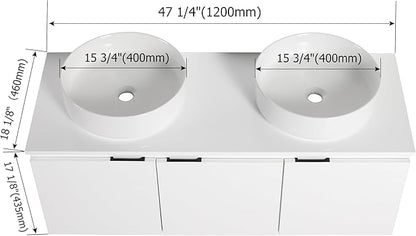 48 Inch Bathroom Vanity with Sink, 48" Floating Bathroom Vanity with Double Vessel Sinks, Modern Wall Mounted Cabinet Set, White Storage Cabinet with 3 Soft Close Doors and 2 White Ceramic Basin Sinks