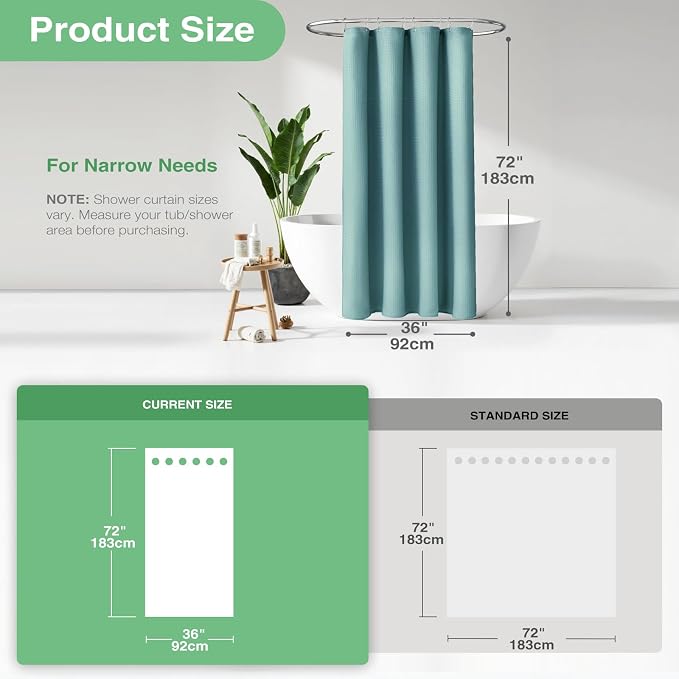 Stall Waffle Shower Curtain 256 GSM Heavy 36"x72" Teal/Turquoise | Narrow Half Size, Thick Cloth, Weighted Hem, Water Repellent, Hotel Luxury Polyester Shower Curtain Set for Bathroom 6 Hooks