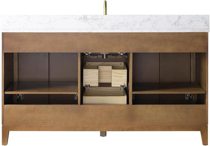 Vanity Art 60" Bathroom Vanity with Single Sink & Arabescato White Engineered Stone Top, Vanity Cabinet with Soft Closing Door, Solid Wood Frame, Golden Brushed Handles, Walnut VA8160S-Walnut-GB