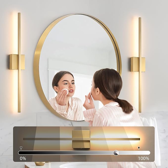 Gold Wall Sconces Set of Two LED Hardwired Dimmable Bedroom | Wall Sconce,Gold Wall Sconce for Bathroom, Living Room, Bedroom, Hardwired 3000K 28 Inch (2 Pack)