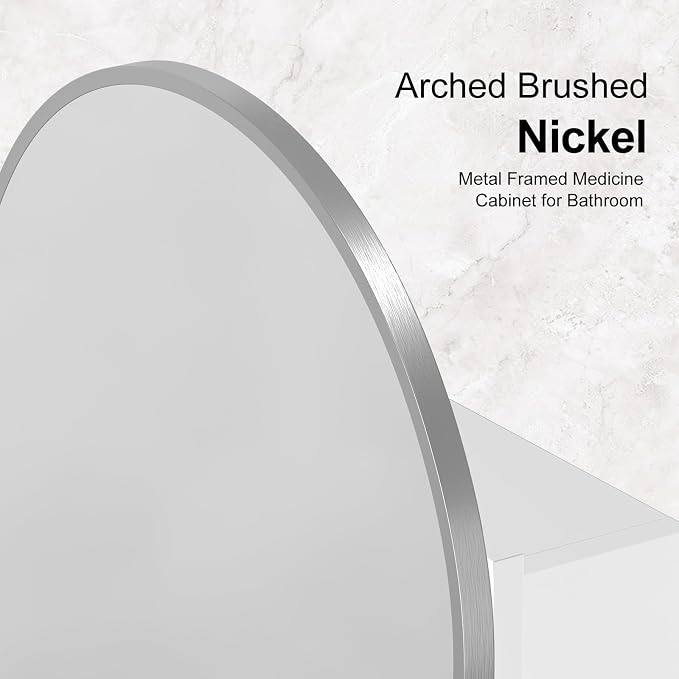 Recessed Medicine Cabinet for Bathroom,Brushed Nickel Arched Medicine Cabinet with Mirror,Arch Mirrored Medicine Cabinets Recessed,Bathroom Mirror with Storage,Open from Left to Right 20x30