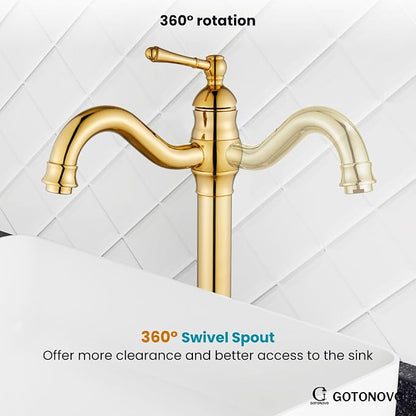 gotonovo Vintage Bathroom Vessel Sink Faucet, Polish Gold, with Drain | Tall Bathroom Faucet 1 Hole Single Handle, 360° Swivel Spout, cUPC Water Lines, Lead-Free, for Farmhouse Vanity Washbasin RV