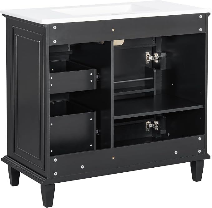36" Bathroom Vanity with Ceramic Sink Top, Soft-Close Door & Flip Drawers, Freestanding Storage Cabinet W/Adjustable Shelf, Solid Wood Frame for Bathrooms, Powder Room, Guest Bath,Black