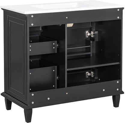 36" Bathroom Vanity with Ceramic Sink Top, Soft-Close Door & Flip Drawers, Freestanding Storage Cabinet W/Adjustable Shelf, Solid Wood Frame for Bathrooms, Powder Room, Guest Bath,Black