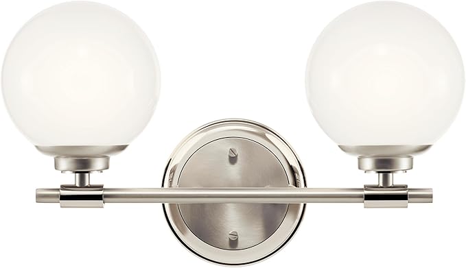 Kichler Benno 2-Light Vanity, Modern Light with Opal Glass in Polished Nickel and Brushed Nickel, for Bathroom or Powder Room (8.75" x 14.75"), 55171PN