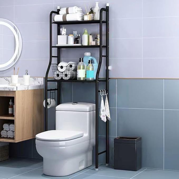 Over The Toilet Storage, 3-Tier Metal Over Toilet Organizer Rack, Freestanding Above Over Toilet Storage Shelf with Hooks and Paper Holder for Bathroom, Black