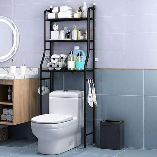 Over The Toilet Storage, 3-Tier Metal Over Toilet Organizer Rack, Freestanding Above Over Toilet Storage Shelf with Hooks and Paper Holder for Bathroom, Black
