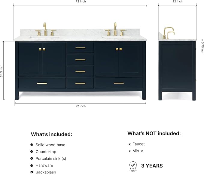 ARIEL Cambridge 72-inch Bathroom Vanity with Sink,Solid Wood, 0.75-inch Italian Carrara Marble Countertop, Double Rectangular Porcelain Sink, 4 Soft Closing Doors, 6 Dovetail Drawers, Midnight Blue