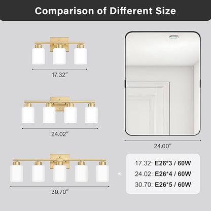 Gold Bathroom Light Fixtures, 4-Light Modern Vanity Light Over Mirror, Wall Sconces with Milky White Frosted Glass Shades, E26 Socket (Bulbs Not Included)