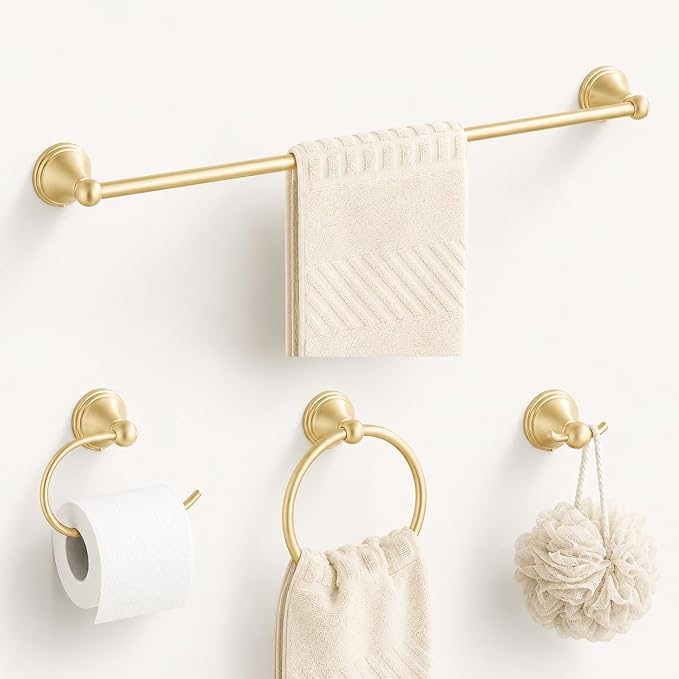 4-Piece Towel Bar Set, 24 Inch Towel Racks for Bathroom Wall Mounted in Brushed Light Gold, SUS304 Stainless Steel Complete Bathroom Hardware