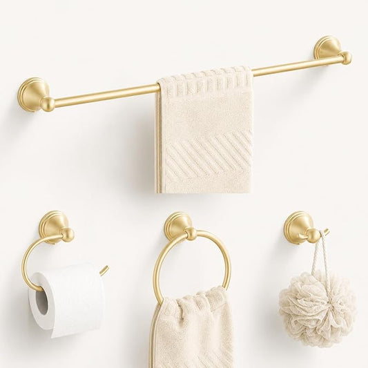 4-Piece Towel Bar Set, 24 Inch Towel Racks for Bathroom Wall Mounted in Brushed Light Gold, SUS304 Stainless Steel Complete Bathroom Hardware