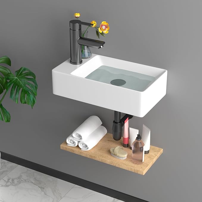 Small Bathroom Sink - 15"x9" Wall Mount Rectangular Ceramic Vessel Sink White Porcelain Floating Vanity Sink for Tiny Bathrooms with Faucet & Drain Combo (Left Hand Bowl Options)