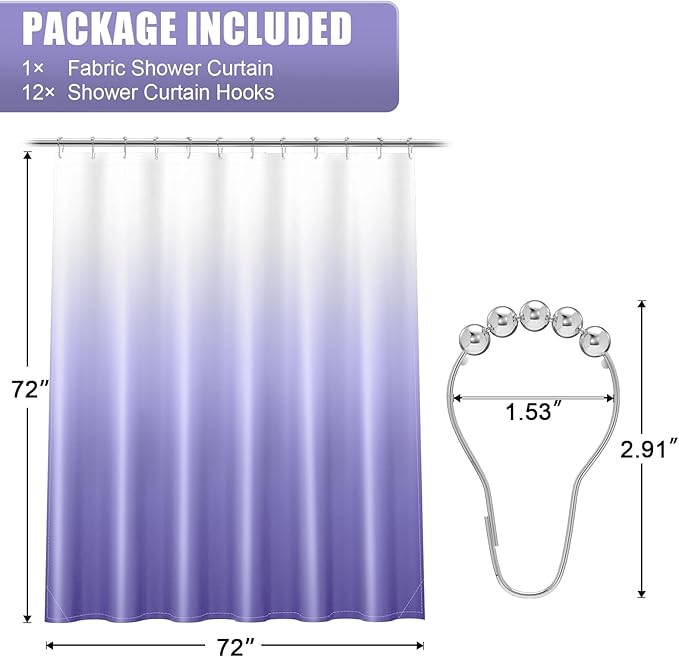 OLANLY Luxury Lavender and White Ombre Shower Curtain Sets with 12 Hooks, Waterproof and Washable Decorative Shower Curtains for Bathroom, 72x72 Inches