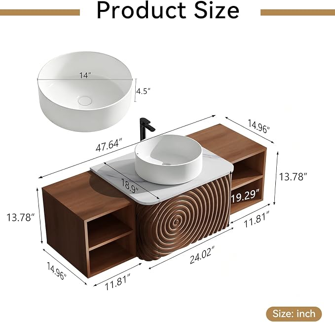 48" Floating Bathroom Vanity with Sink, Mid-Century Wall Mounted Bathroom Vanity Cabinet with Wood Waved Decor,Ceramic Vessel Basin and Sintered Stone Top, Soft Close Drawer, 2 Side Open Cube