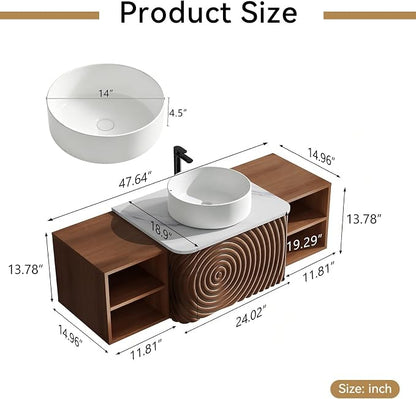 48" Floating Bathroom Vanity with Sink, Mid-Century Wall Mounted Bathroom Vanity Cabinet with Wood Waved Decor,Ceramic Vessel Basin and Sintered Stone Top, Soft Close Drawer, 2 Side Open Cube