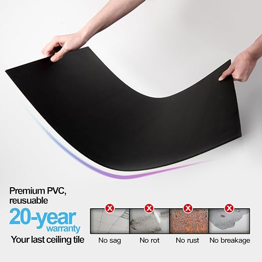 Art3d 10-Pack Smooth Drop Ceiling Tile 2ft x 4ft - Fire-Rated, Waterproof, Reusable - Premium PVC, No Sag and Breakage - Cover 80 Sq. Ft, Black | 2 x 2 ft, PVC, Waterproof, Fire-Rated, Reusable, Compatible with Grid System, Perfect for Living Room