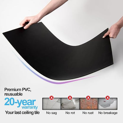 Art3d 10-Pack Smooth Drop Ceiling Tile 2ft x 4ft - Fire-Rated, Waterproof, Reusable - Premium PVC, No Sag and Breakage - Cover 80 Sq. Ft, Black | 2 x 2 ft, PVC, Waterproof, Fire-Rated, Reusable, Compatible with Grid System, Perfect for Living Room