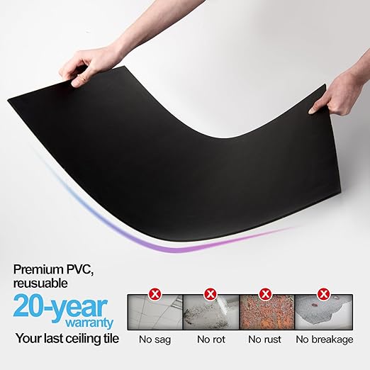 Art3d 12-Pack Smooth Drop Ceiling Tile 2ft x 2ft - Fire-Rated, Waterproof, Reusable - Premium PVC, No Sag and Breakage - Cover 48 Sq. Ft, Black | 2 x 2 ft, PVC, Waterproof, Fire-Rated, Reusable, Compatible with Grid System, Perfect for Living Room