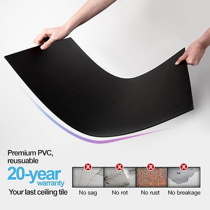 Art3d 12-Pack Smooth Drop Ceiling Tile 2ft x 2ft - Fire-Rated, Waterproof, Reusable - Premium PVC, No Sag and Breakage - Cover 48 Sq. Ft, Black | 2 x 2 ft, PVC, Waterproof, Fire-Rated, Reusable, Compatible with Grid System, Perfect for Living Room