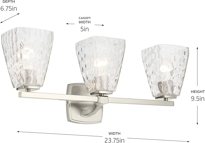 Kichler Marant 21.25" 3-Light Vanity Light with Clear Water Glass in Brushed Nickel, for Bathroom, Powder Room, Over a Mirror, (21.25" W x 9.5" H), 55216NIWTR